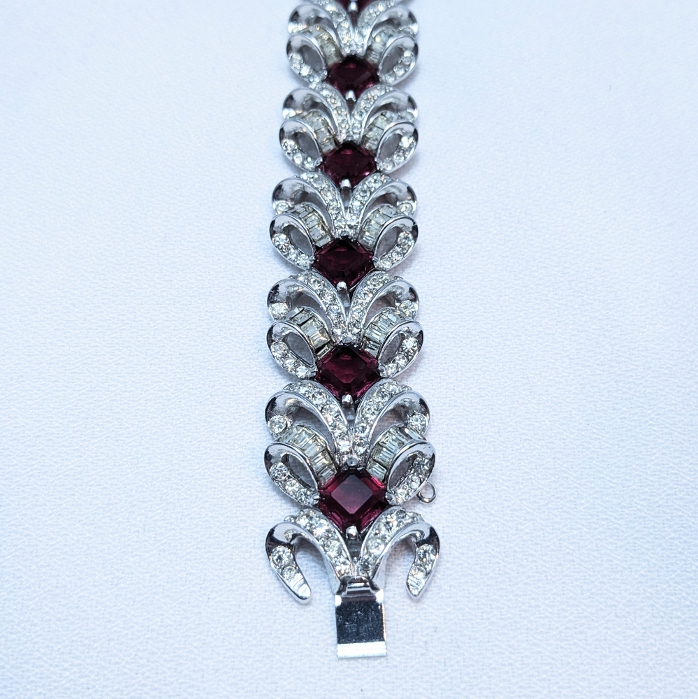 Vintage Marcel Boucher Ruby Coloured Glass Rhodium Plated Bracelet - Picture 7 of 13